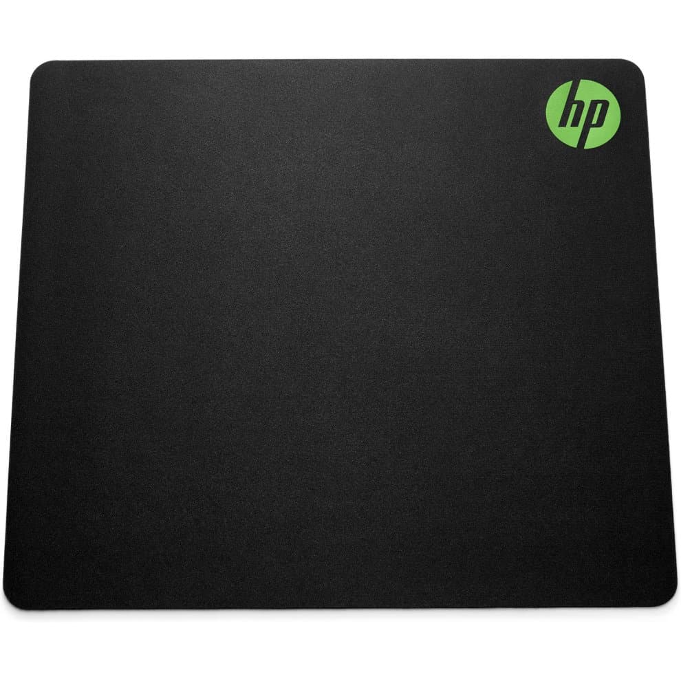 Black gaming mouse pad with a smooth surface, featuring a vibrant green HP logo in the top right corner, designed for precision and control in gaming.