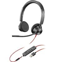 Black over-ear headset with a flexible microphone, featuring a USB connector and in-line control with red accents.