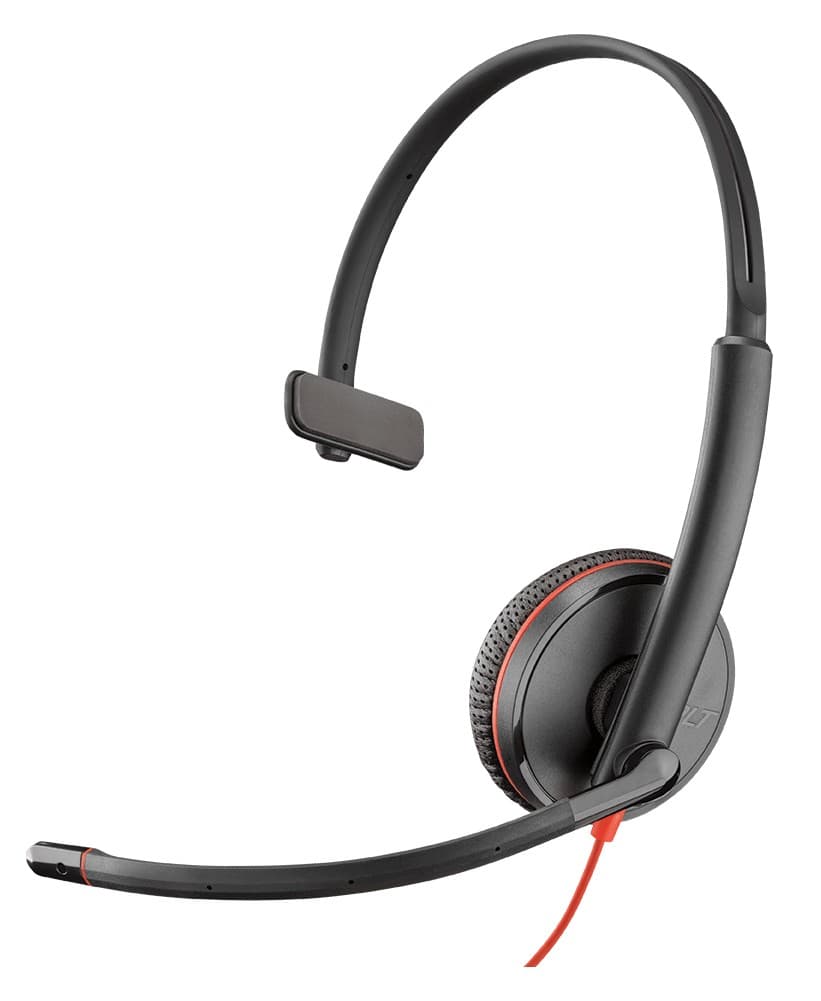 Black headset with a single ear cup, flexible microphone boom, and red accents. Designed for comfort and clarity in communication.