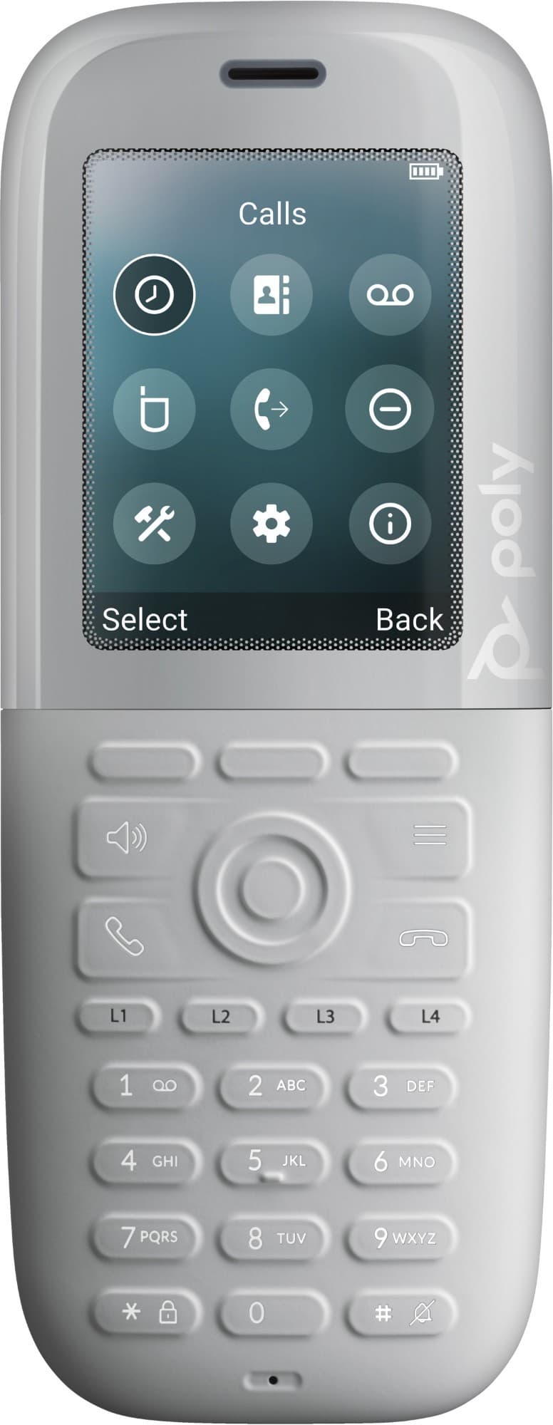Gray HP Poly Rove 40 DECT phone handset featuring a large display with call icons, a numeric keypad, and a sleek, modern design.