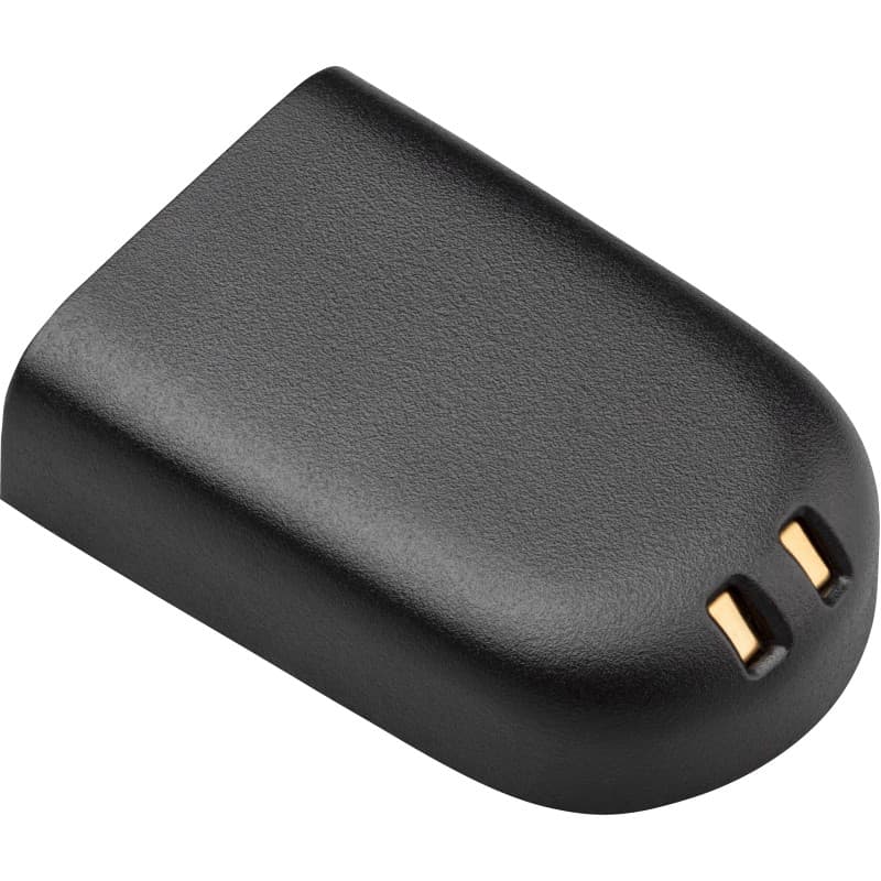 Black battery with a smooth, rounded design and two gold contact points, accompanied by a removal tool, designed for the Poly Savi 7200 headset.