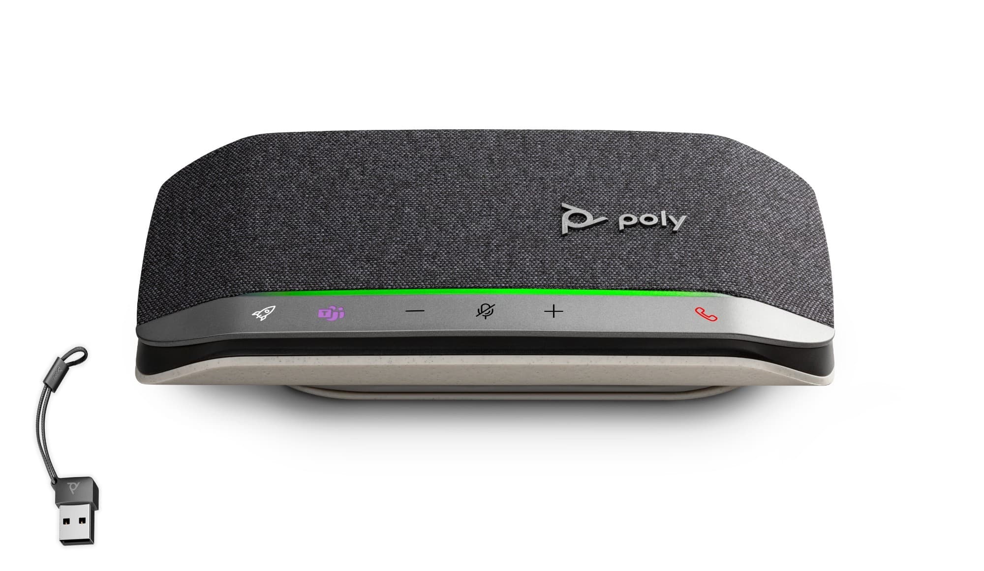 HP Poly Sync 20-M speakerphone in dark gray fabric with a sleek design, featuring touch controls, LED indicators, and a USB-C adapter on the side.