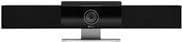 Black rectangular soundbar with a central camera lens, sleek design, and a metallic base, designed for audio and video conferencing.