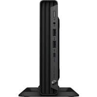 Black HP Pro Mini 400 G9 desktop with vertical stand, front USB ports, and power button on the side.