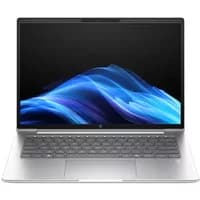 Silver HP ProBook 4 G1a laptop with 14" display, sleek design, backlit keyboard, and thin bezels.