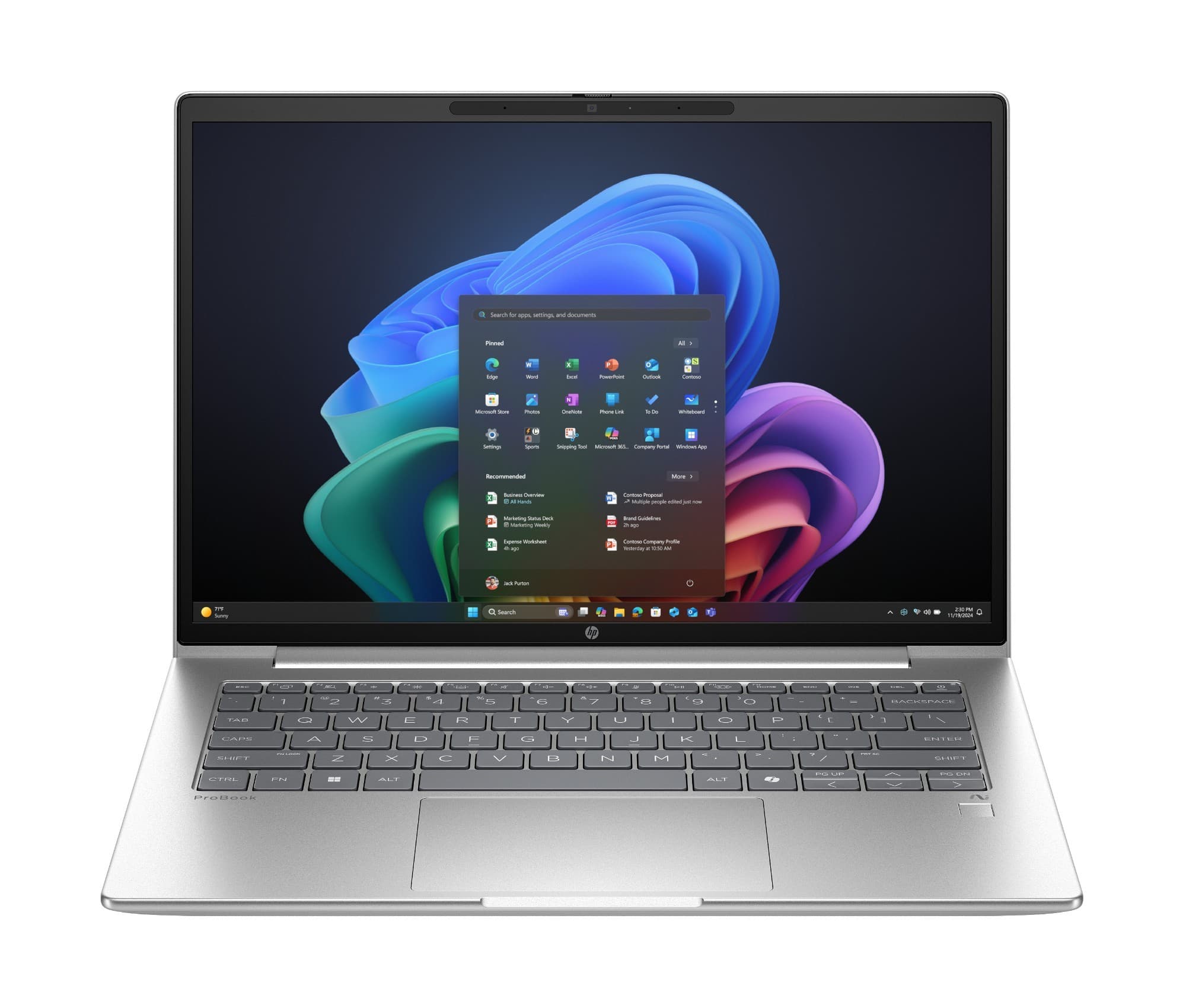 Sleek silver HP ProBook 4 G1q laptop with a large display, featuring a Windows interface on screen, and a full keyboard with a numeric keypad.