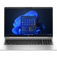 Silver HP ProBook 455 G10 laptop with black keyboard and 15.6-inch display showing Windows 11 home screen.