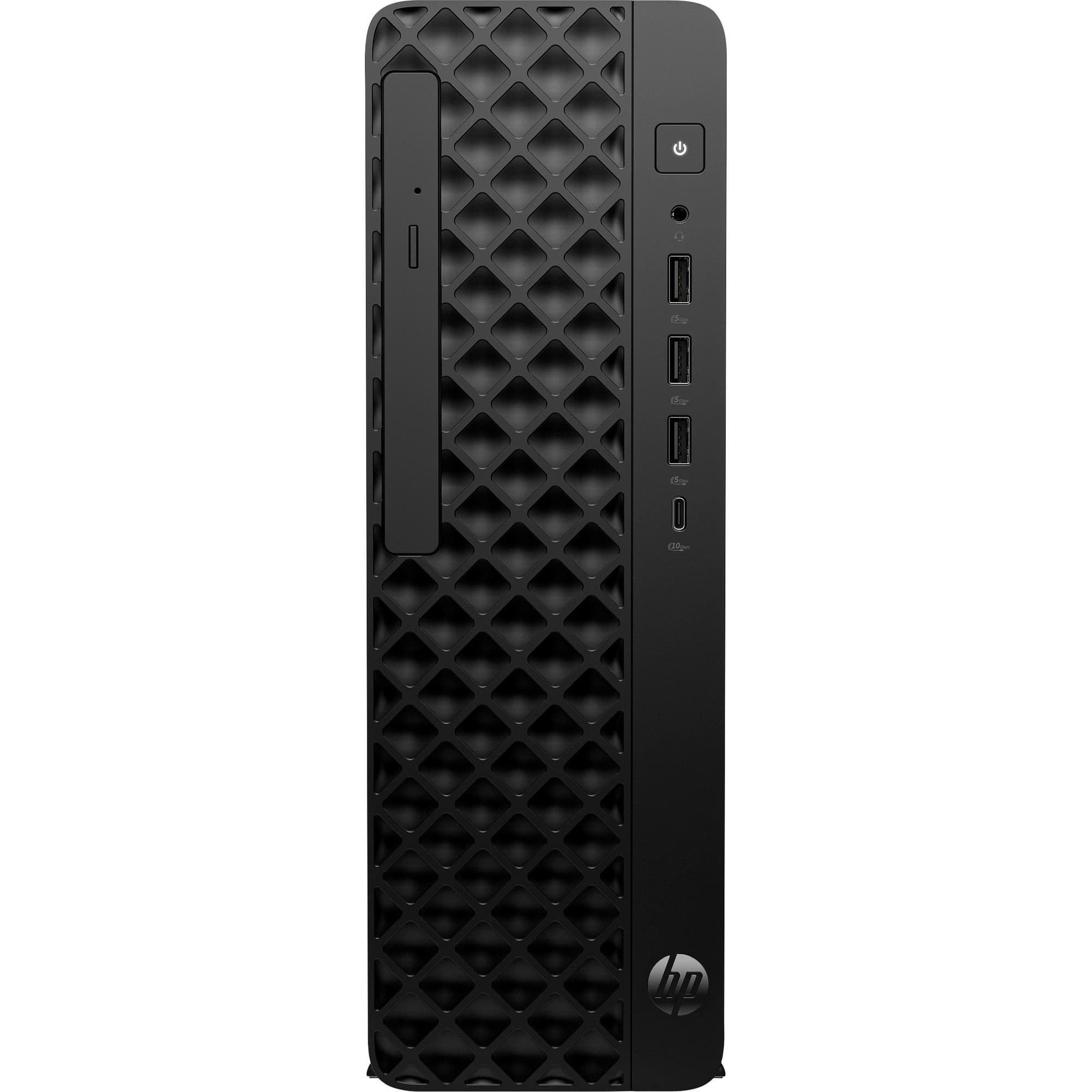 Black HP ProDesk 2 SFF G1i E Desktop PC with textured diamond pattern, featuring power button, multiple USB ports, and sleek design, equipped with Intel Core i3-14100 and 16GB RAM.
