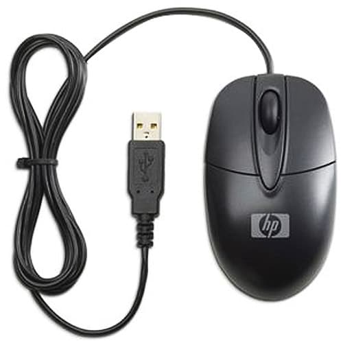 Black ambidextrous optical mouse with a USB Type-A connector, featuring a smooth surface and two buttons plus a scroll wheel, designed for office use.