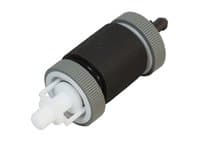 Black and gray roller with a white plastic connector, designed as a spare part for HP printers and scanners, featuring textured grips for easy handling.