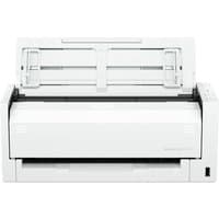 White and blue HP ScanJet Pro 4200 s1 ADF scanner, compact design, open paper tray, 600 x 600 DPI, A4 size.