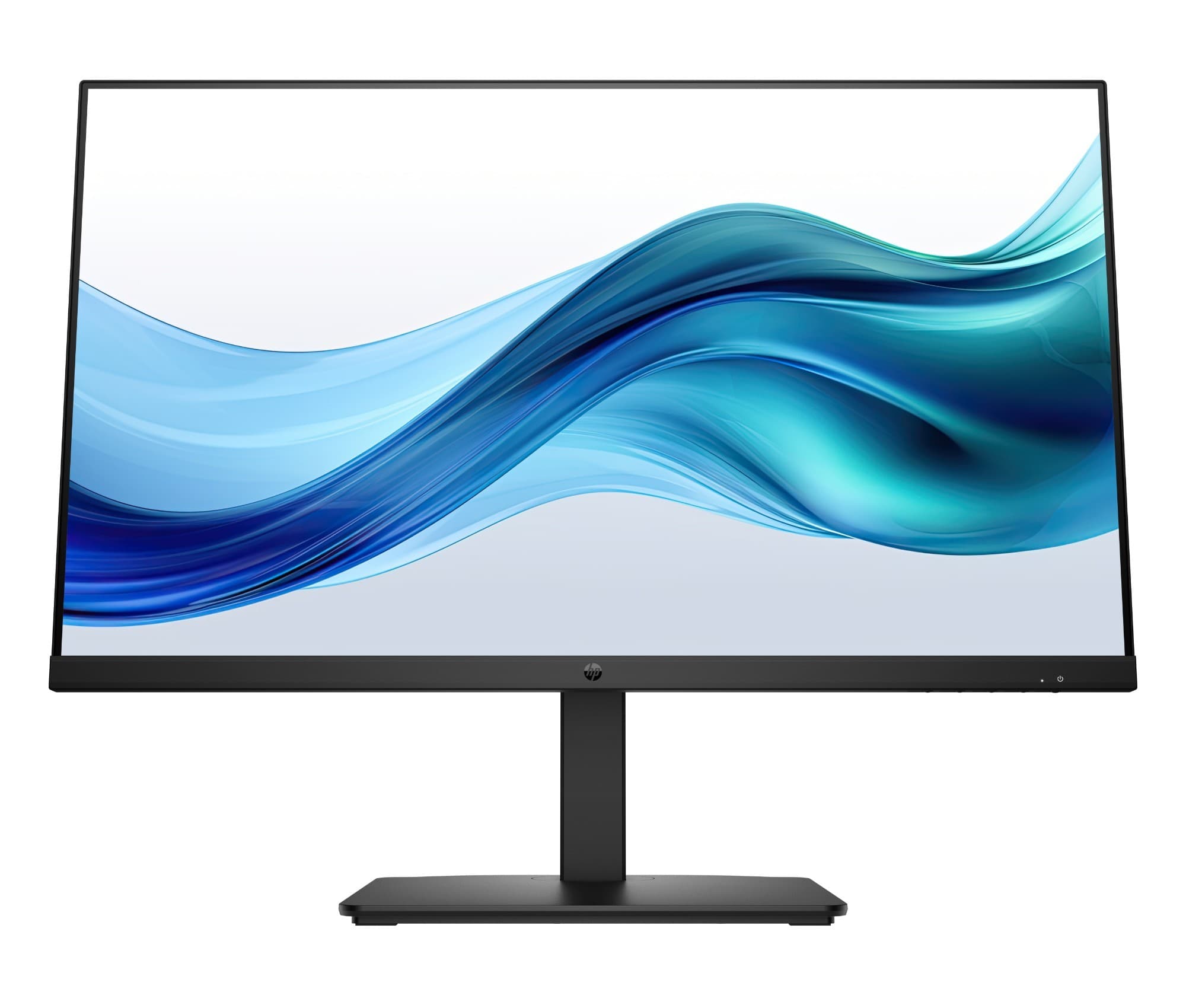 27-inch HP Series 3 Pro FHD monitor features a sleek black design with a minimalist stand, showcasing a vibrant blue and white abstract display.