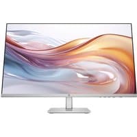HP Series 5 27-inch FHD monitor, slim bezel, silver stand, height adjustable, vibrant display with abstract design.