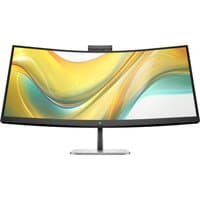 Curved HP Series 5 Pro 34" WQHD monitor with USB-C, slim bezels, and built-in webcam on a sleek silver stand.