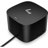 Black HP Thunderbolt Dock 120W G4 with rounded edges, multiple ports, and HP logo on top.