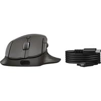 Black HP Wireless Mouse 785M with ergonomic design, scroll wheel, USB-C port, and coiled charging cable.