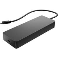 Black HP USB-C multiport hub with seven ports, compact rectangular design, and attached cable.