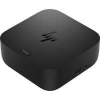 Black HP USB-C dock with rounded edges, featuring USB 3.2 Gen 2 ports and HP logo on top.