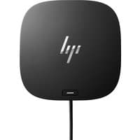 Black HP USB-C Dock G5 with rounded edges, HP logo on top, and a USB-C port on the front.