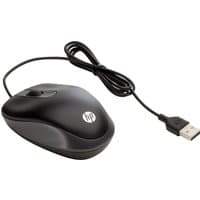 Black HP USB Travel Mouse with ergonomic design, scroll wheel, and attached USB cable.