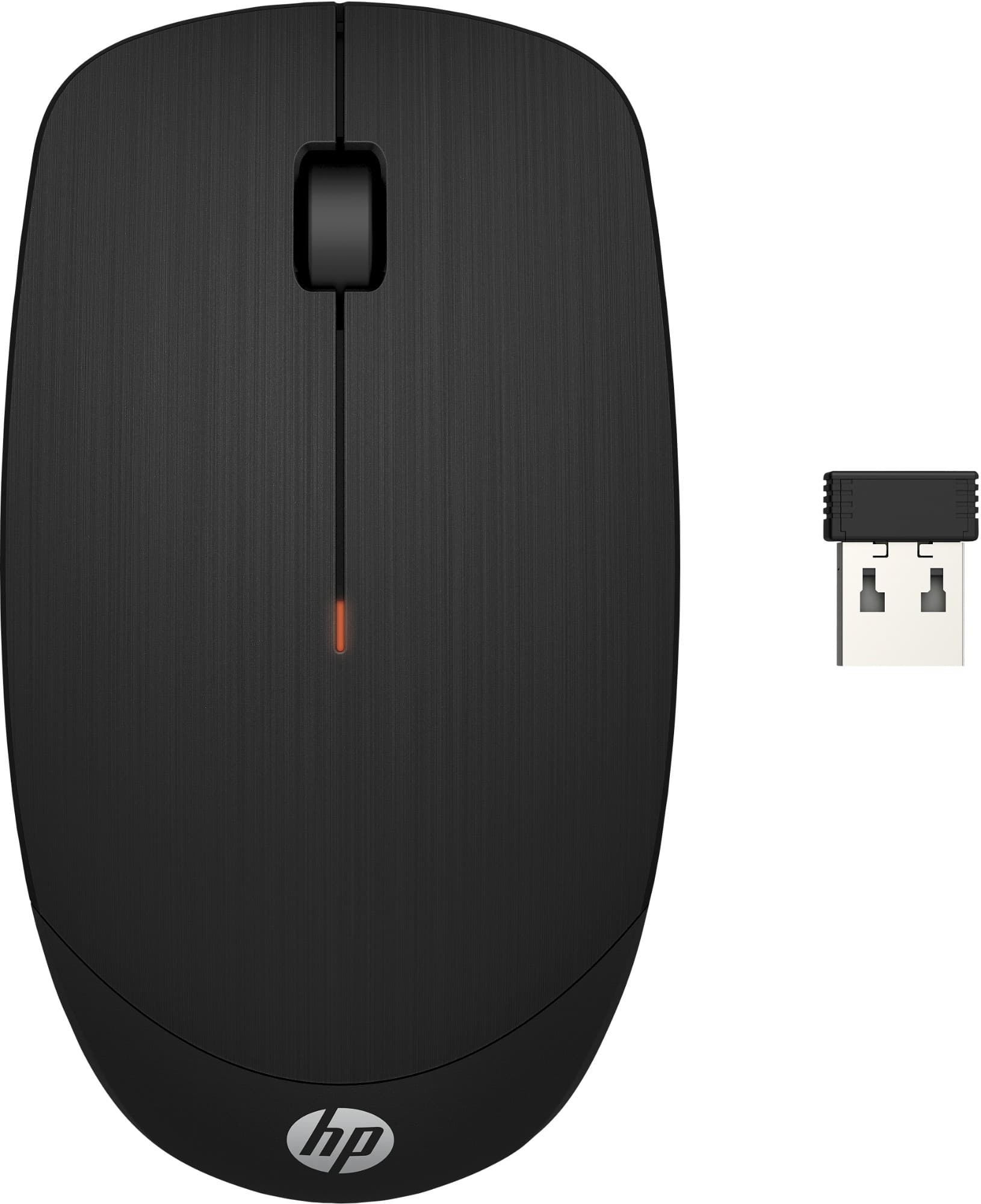 Black HP Wireless Mouse X200 with a textured surface, featuring a central scroll wheel, an orange LED indicator, and a USB receiver.