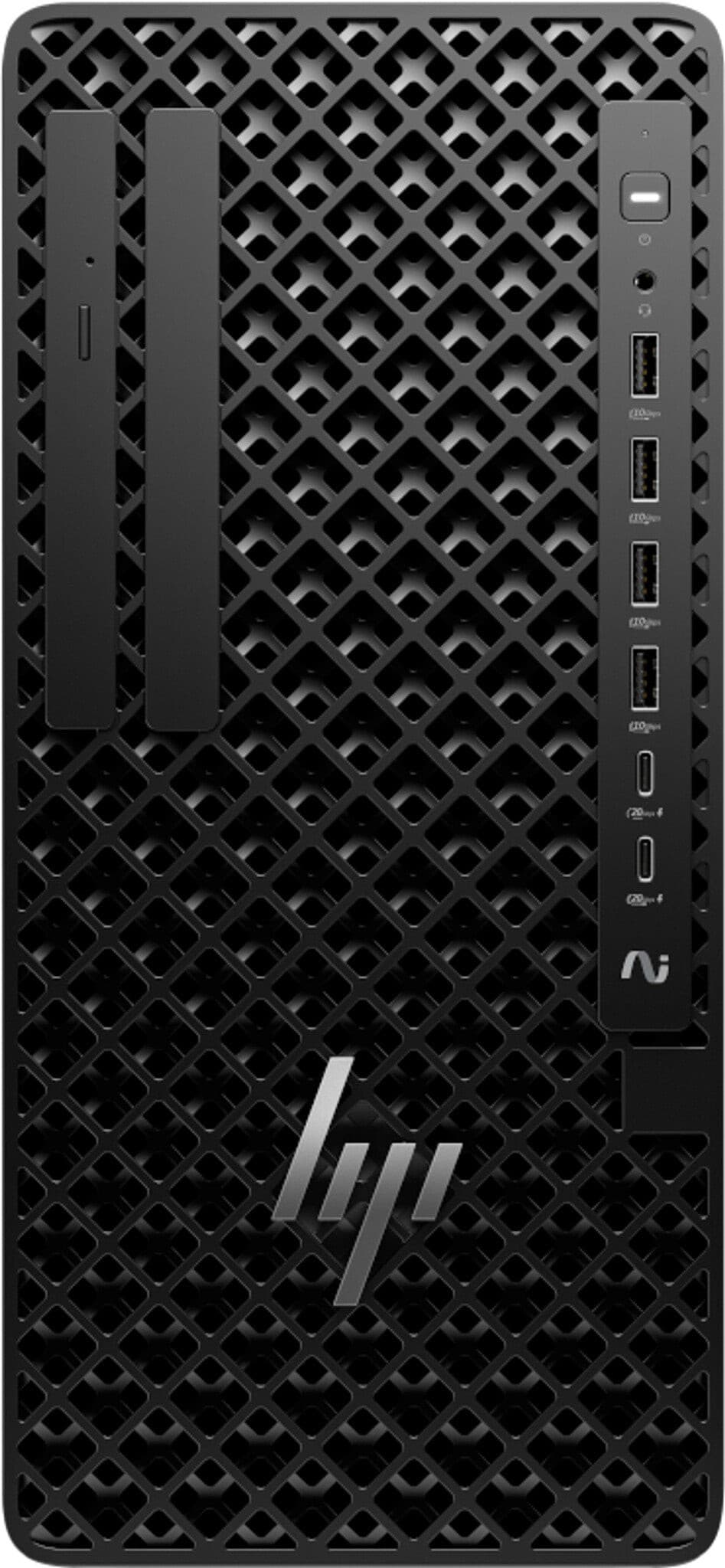Black HP Z1 Tower G1i Desktop PC with a textured grille design, featuring multiple USB ports, a power button, and the HP logo prominently displayed on the front.
