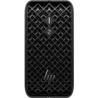 Black HP Z2 G1a Mini PC with diamond-patterned front grille and HP logo, compact and sleek design.