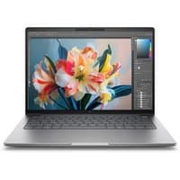 HP ZBook 8 G1i workstation, sleek silver design, Intel Core Ultra 7, vibrant display with floral graphic.