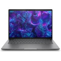 Silver HP ZBook 8 G1i laptop with 14" display, black keyboard, slim design, and vibrant screen colors.