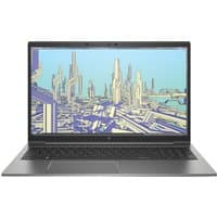 HP ZBook Firefly 15.6 G8 laptop, sleek silver design, Intel Core i7, vibrant display with futuristic cityscape background.