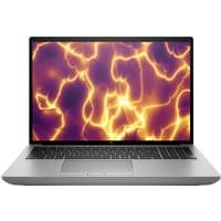 Silver HP ZBook Fury G11 laptop with Intel Core i9, featuring a large screen displaying vibrant yellow and purple patterns.