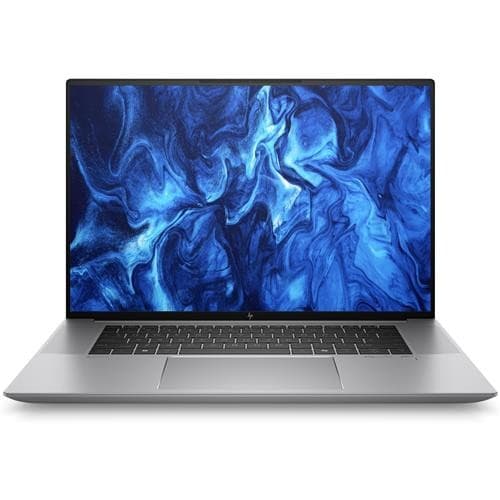 Sleek silver HP ZBook Studio G11 mobile workstation with a 16" WQUXGA display featuring a vibrant blue abstract wallpaper, illuminated keyboard, and slim profile.