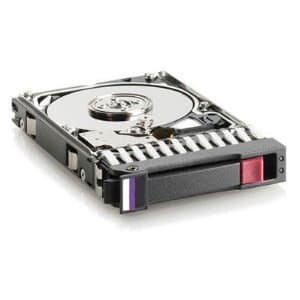 HPE 146GB hot-plug SCSI (SAS) hard drive with a 3.5-inch form factor, featuring a shiny metal casing, a black and purple front latch, and a 15K RPM speed.
