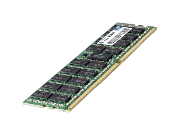 HPE 16GB DDR4 RAM module featuring a green PCB, gold connectors, and multiple black memory chips, labeled with specifications including CAS latency and dual rank configuration.