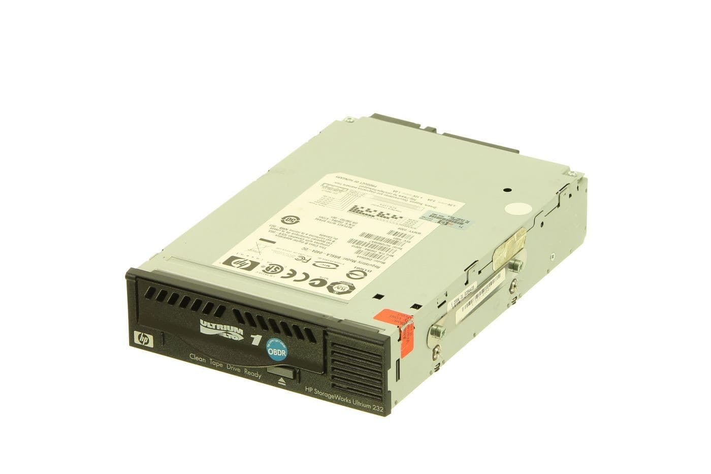 HPE 200G LO-1 internal drive in a metallic gray casing with a black front panel, featuring labels, ports, and a red release latch.