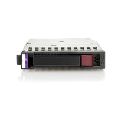 HPE 2TB 6G SAS hard drive in a 3.5-inch LFF form factor, featuring a metallic casing, purple and red release levers, and a 7.2K RPM speed, with a 1-year warranty.