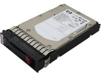 HPE 72GB SAS internal hard drive with a silver metal casing, featuring a black plastic handle and label detailing specifications, designed for 15,000 RPM performance in a 3.5" form factor.
