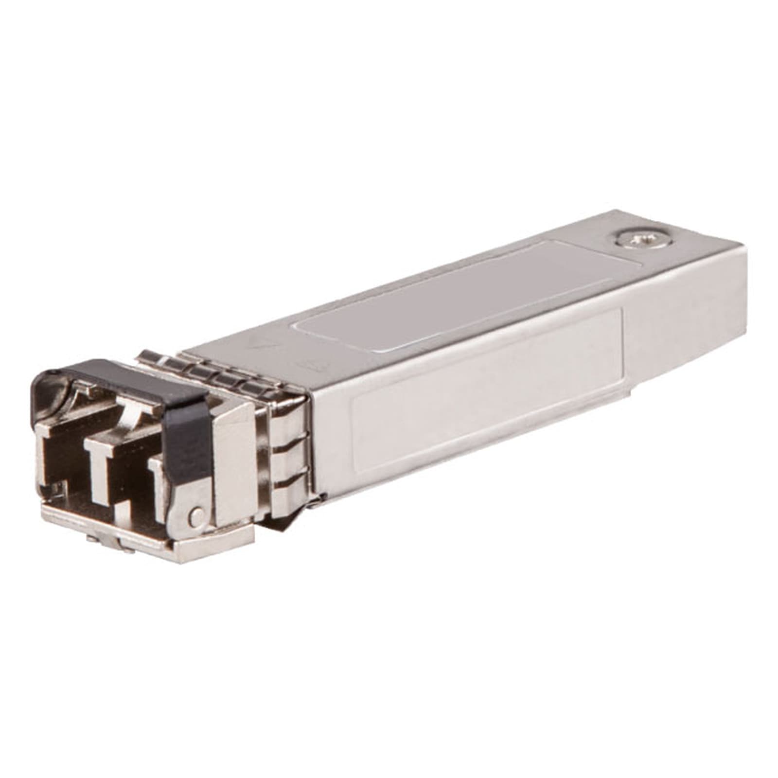 HPE 1G SFP LC LX transceiver in silver metal casing, featuring a single LC connector, designed for 10km single-mode fiber data networking applications.