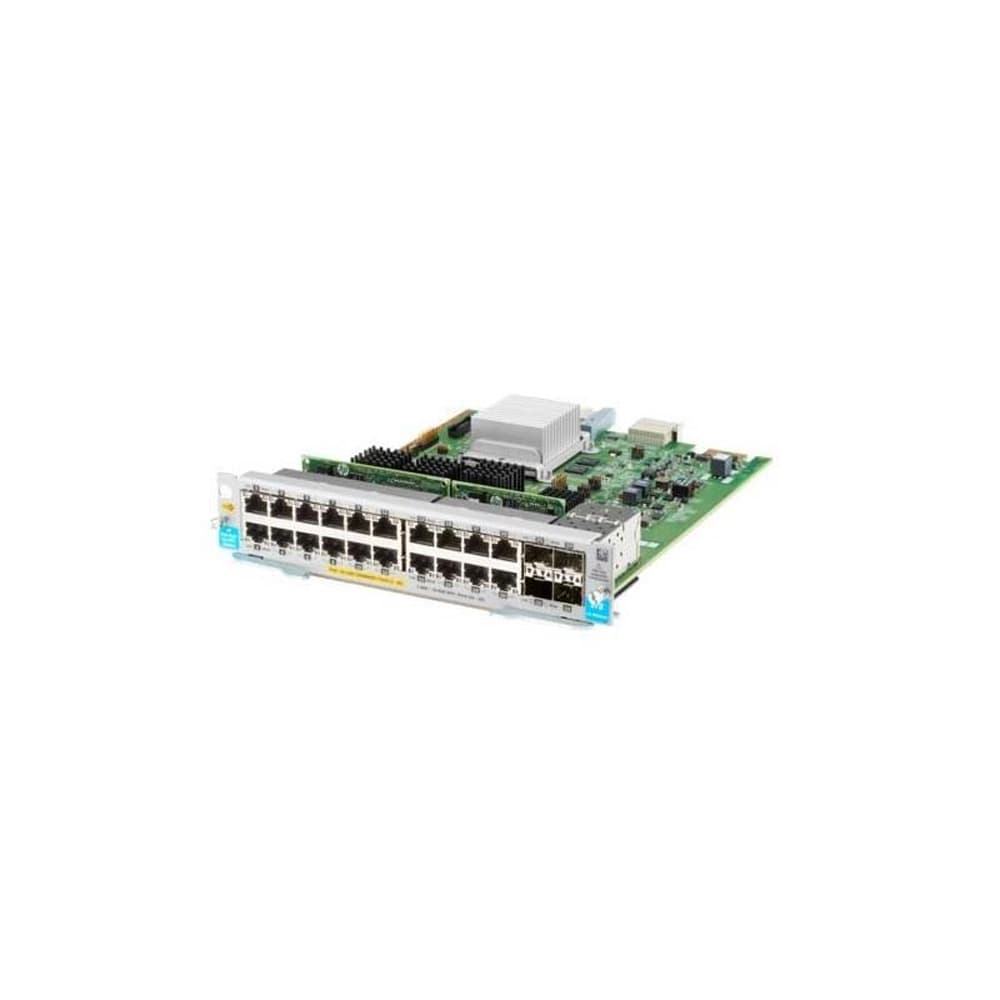 Green circuit board featuring a 20-port 10/100/1000BASE-T PoE+ module with 20 RJ-45 ports and 4 SFP+ slots, designed for data and optical networking.