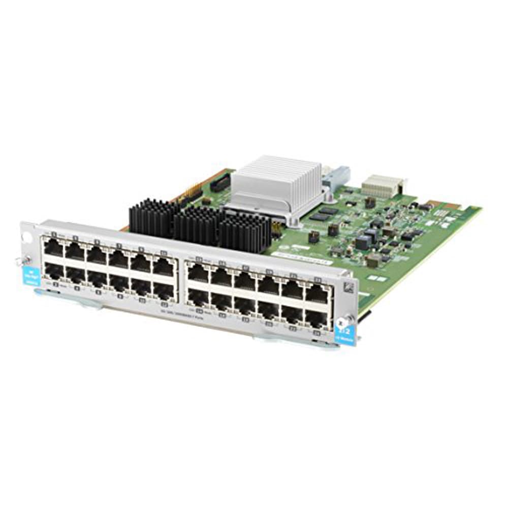 HPE 24-port 10/100/1000BASE-T MACsec V3 Zl2 Module featuring a green circuit board with metal heat sink and 24 Ethernet ports in a silver metal housing.