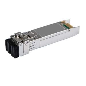 Silver metal 25G SFP28 transceiver with dual LC connectors, designed for long-range 10km connectivity, featuring a compact, streamlined design for efficient network performance.