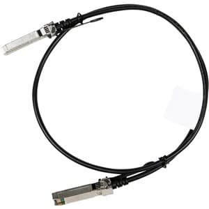 Black 0.65m DAC cable with two SFP28 connectors, featuring metal ends and a flexible design, designed for 25G connectivity by HPE.