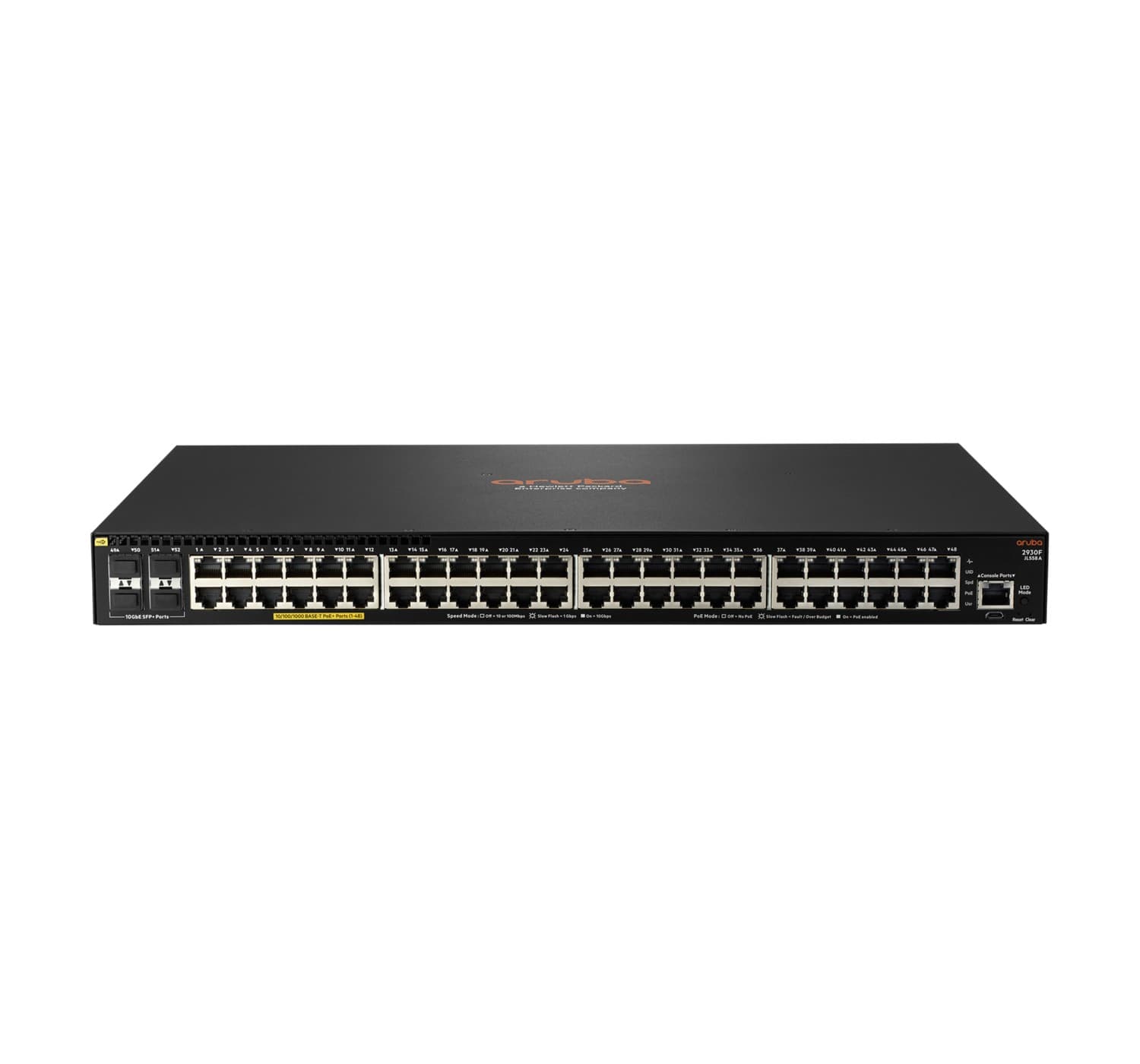 Black managed L3 Gigabit Ethernet switch with 48 PoE+ ports, 4 SFP+ slots, and a 740W power supply, featuring a sleek design and labeled ports for easy connectivity.