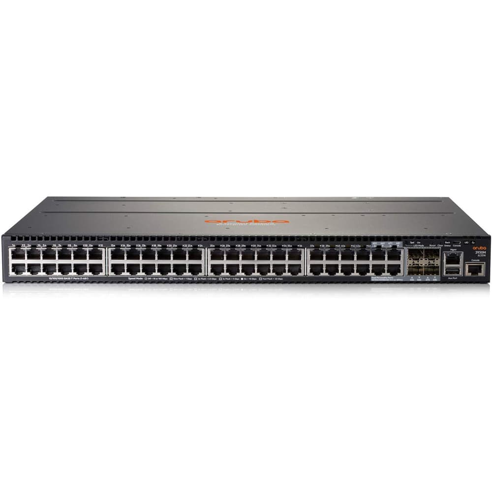 HPE 2930M switch in black metal housing features 48 Ethernet ports, a single slot for expansion, and supports Layer 2 networking functionalities.