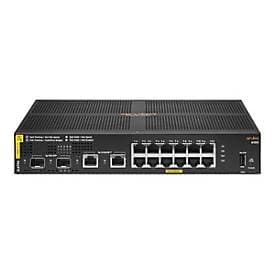 Black managed switch with 12 Gigabit Ethernet ports, 2 SFP+ slots, and a power input, featuring a sleek design and ventilation slots for cooling.