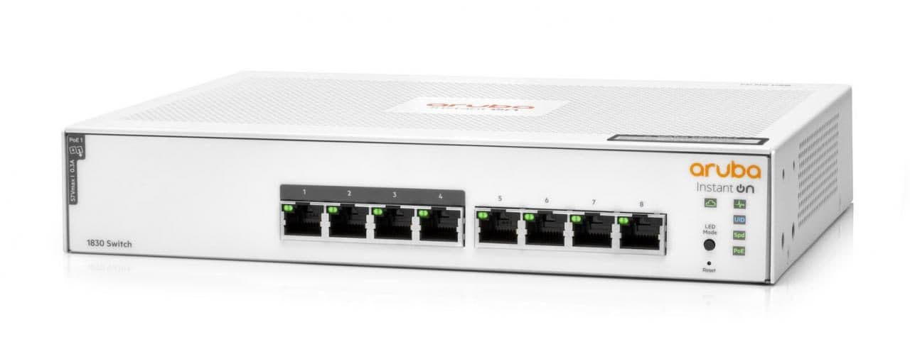 White network switch with eight Ethernet ports, labeled 1 to 8, and four PoE ports, featuring green LED indicators and a textured top with "Aruba Instant On" branding.