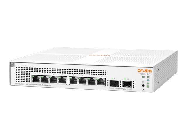 HPE Aruba Instant On 1930 Managed L2+ Gigabit Ethernet switch in white, featuring eight Ethernet ports, two SFP ports, and a sleek, compact design with ventilation grilles.