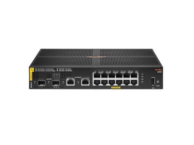 Black HPE Aruba CX 6000 switch featuring 12 Gigabit Ethernet ports, 2 SFP slots, and a 139W power supply, designed for efficient networking and PoE capabilities.