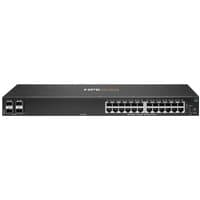 Black HPE Aruba Networking CX 6000 switch with 24 Ethernet ports and 4 SFP ports on a sleek rectangular chassis.