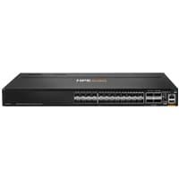 Black HPE Aruba network switch with 24 SFP+ 25G ports and 4 QSFP28 100G ports, front-to-back airflow design.